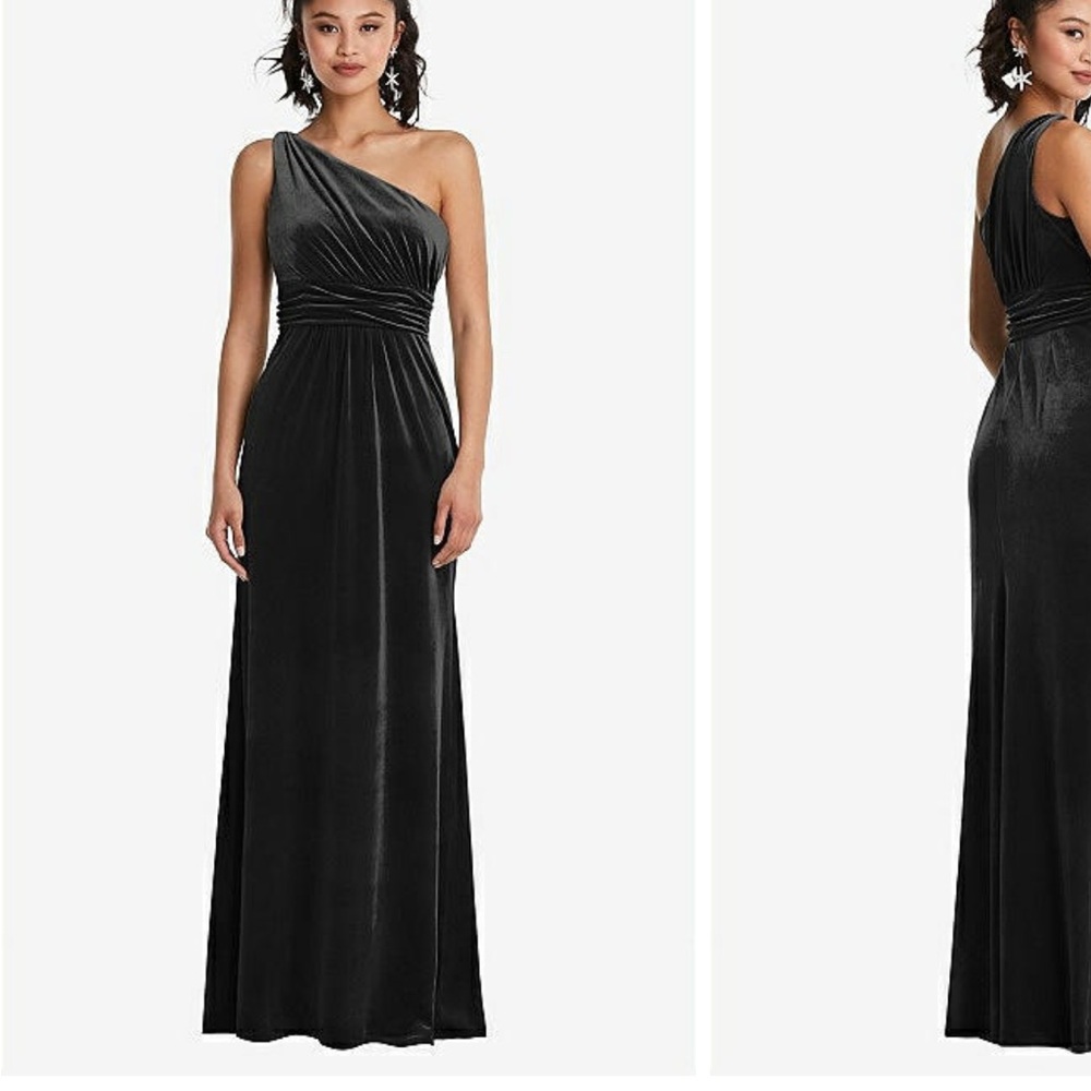 Dessy Thread Bridesmaid One-Shoulder Draped Velvet Maxi Dress 00
